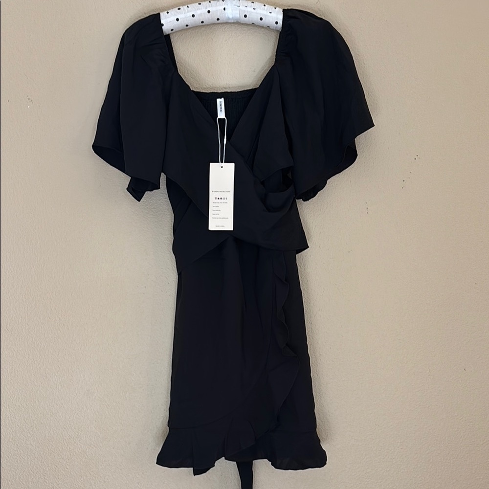 Black Sheath Mini Dress with Flutter Sleeves and Square Neck